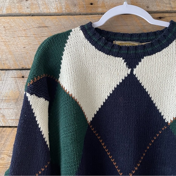 Vintage New River Co 90s Sweater Mens XL X-Large Blue Green Argyle Knit Chunky - Picture 2 of 10